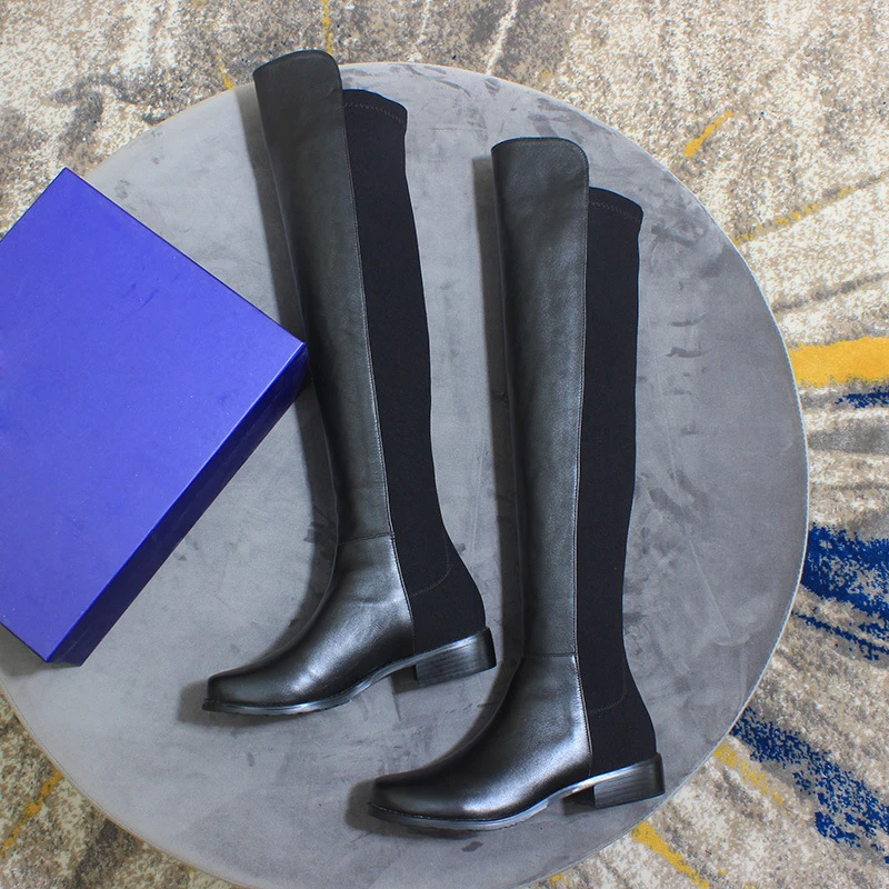 Черная обувь женские брендовые сапоги привлекательные до колена облегающие