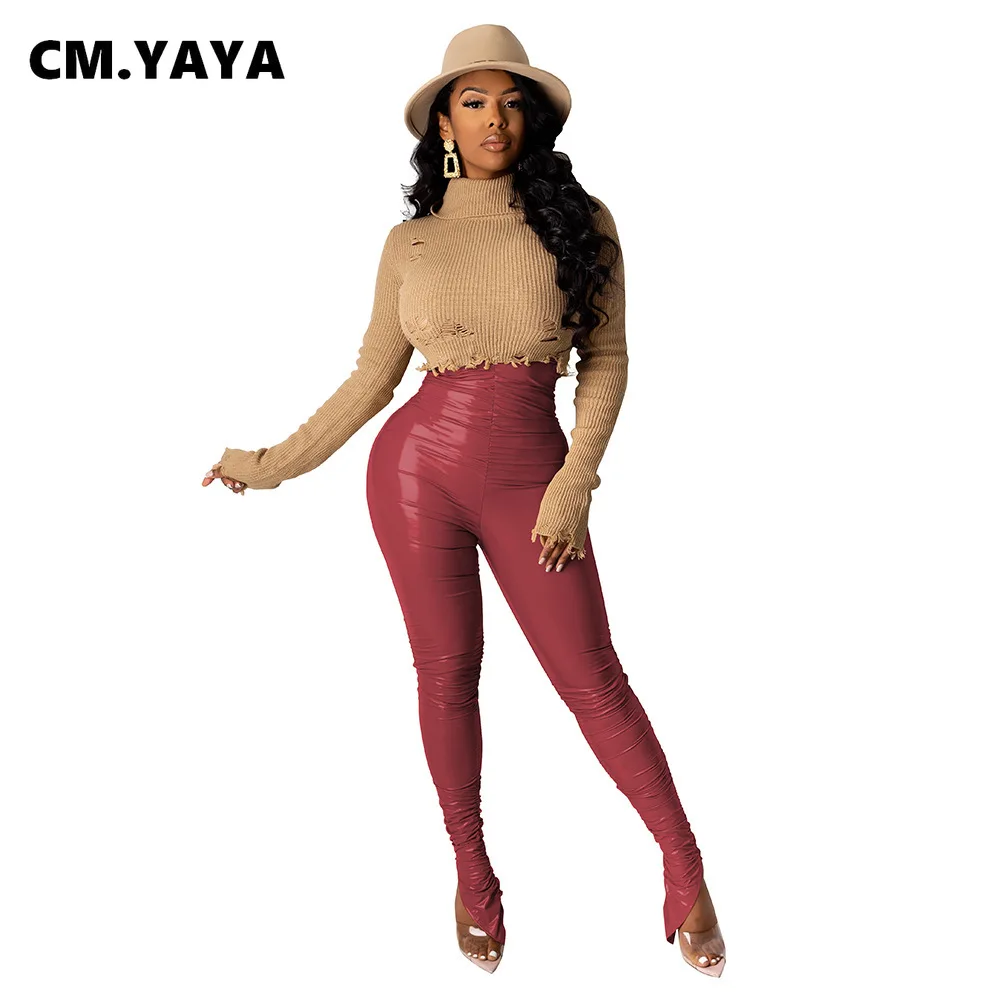 Женские брюки с высокой талией CM.YAYA уличная одежда из искусственной кожи рюшами