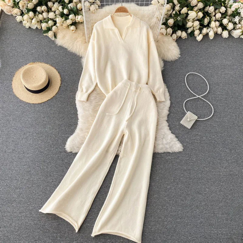 

Autumn Winter Knitted 2 Piece Set Women Lapel Pullover Sweater Tops + Wide Leg Pants Sets Casual Tracksuit Two Piece Pant Suits
