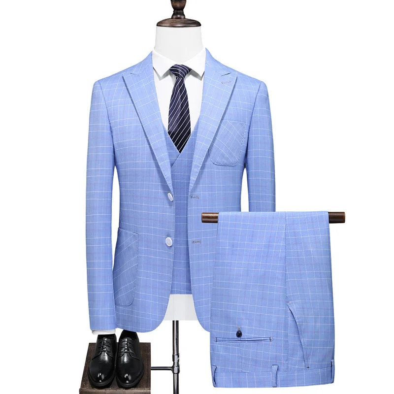 

2021 three-piece suit youth casual suit men's European and American British plaid fashion slim groom dress wedding dress