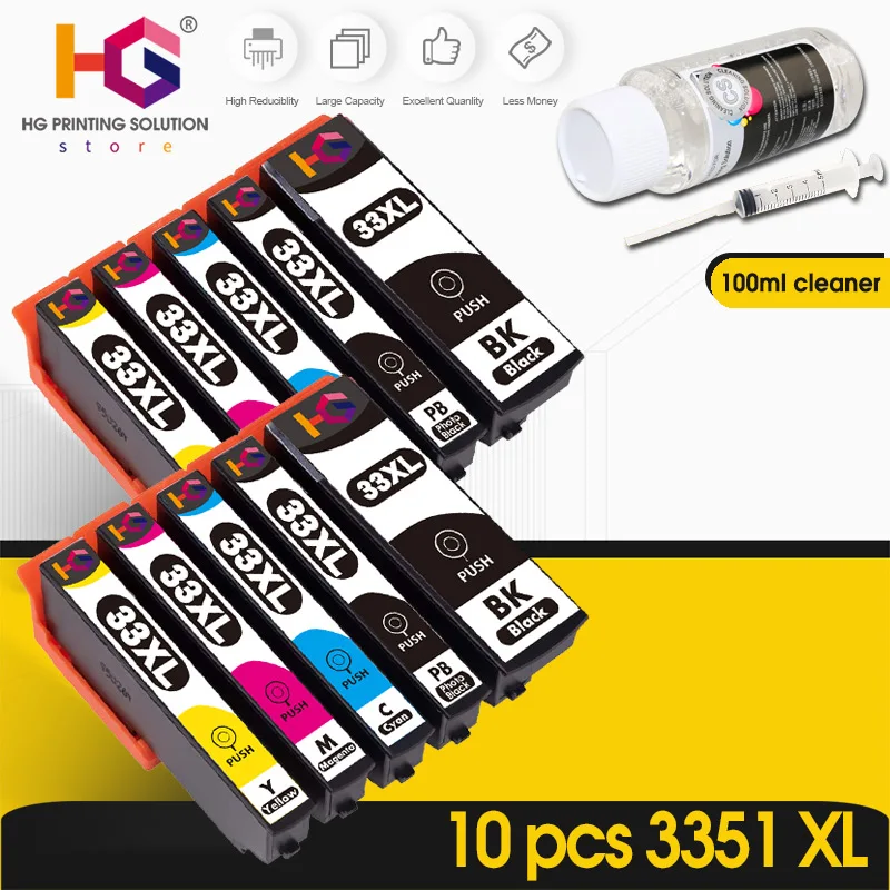 10 pcs 33XL Ink Cartridge for Epson XP-530 / 630 / 830 / 635 / 540 / 640 / 645 / 900 T3351 Compatible Printer Ink + cleaner