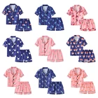 Пижамный комплект детский Шелковый атласный, пижама с принтом медведя для мальчиков и девочек, короткая блузка, топ + шорты, нижнее белье и одежда для сна