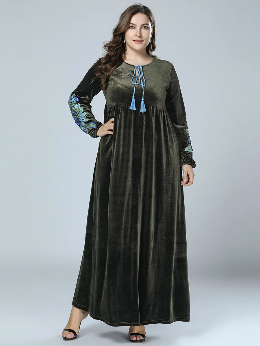 Женское бархатное платье с вышивкой Abaya зеленое платье-кафтан в мусульманском
