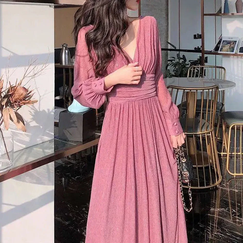 Женское платье до щиколотки с V-образным вырезом и длинным рукавом | Женская