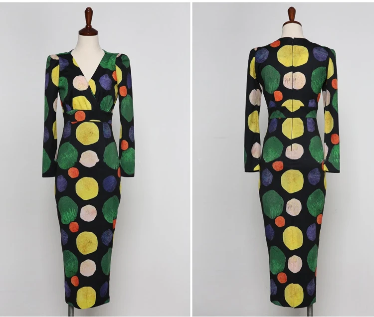 

Vintage Woman Dress Grace Ladies V Neck Full Sleeve Slim Polka Dot Dress Women New Autumn Package Hip Dress Vestidos SL032