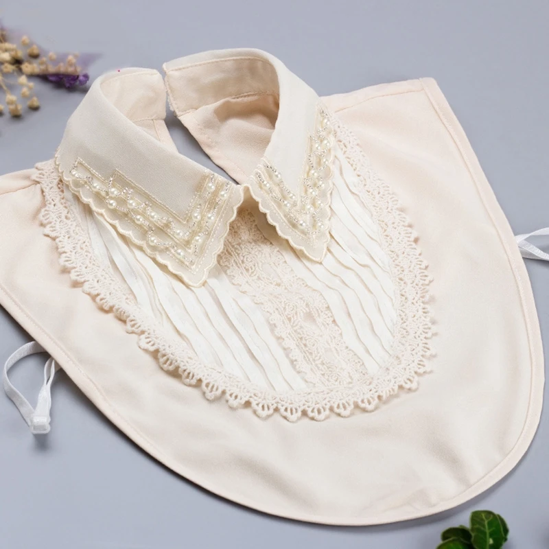 

Для женщин Винтаж нарядная многослойная шифоновая накладные кружевной воротник-имитация из кусков, имитация жемчуга бисером отворотом Пол...