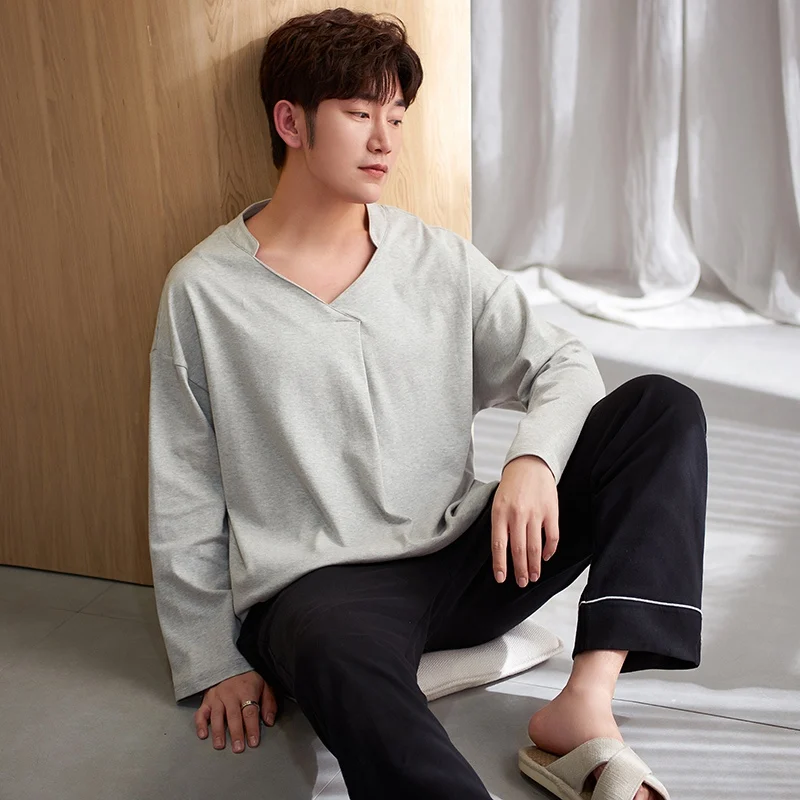 

2022 Spring Autumn Long Sleeve V-neck Cotton Pajama Sets for Men High Quality Sleepwear Suit Pyjama Male Lounge Homewear Clothes