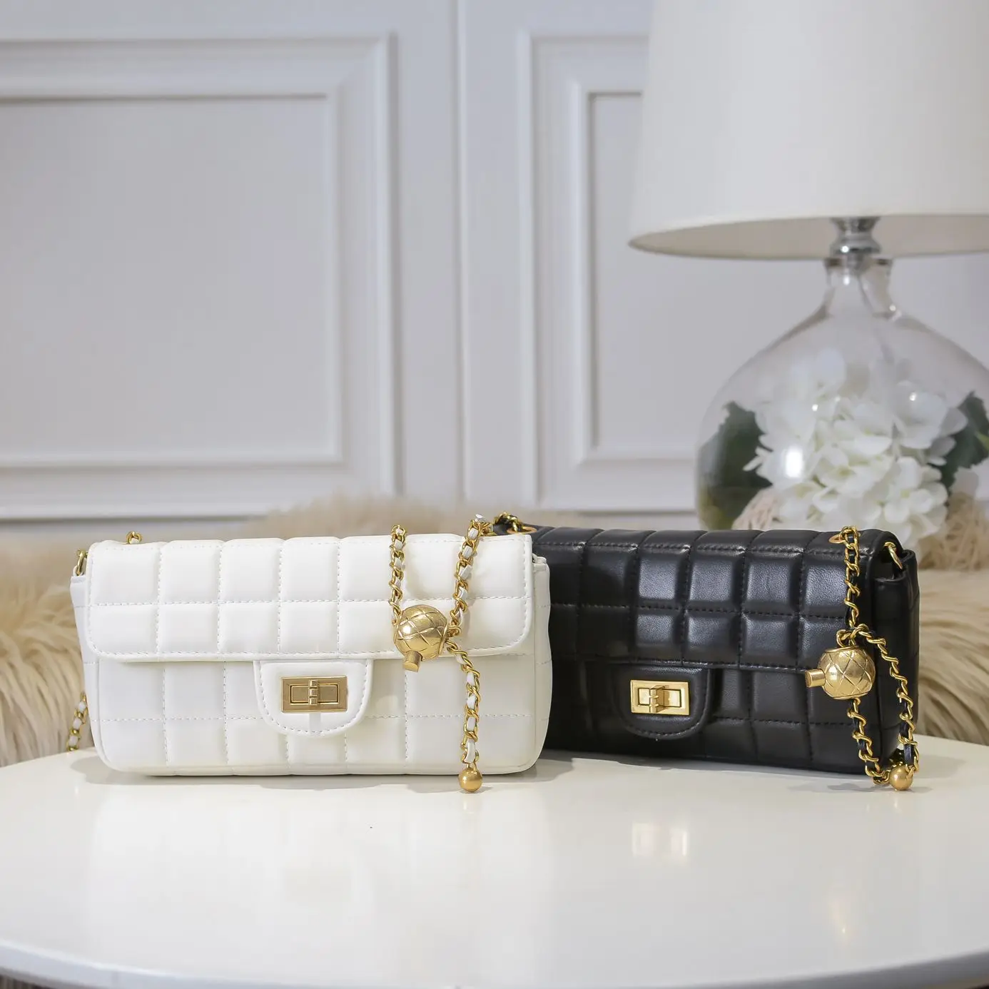 

Fashion 2021 new trend gold pearl lattice chain bag leather cross-body bag