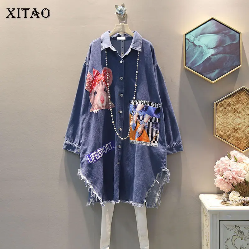 blue WQR2082 XITAO Асимметричная блузка с разрезом женская одежда одна грудь аппликации узор отложной воротник элегантная повседневная рубашка WQR2082 - Цвет: blue WQR2082