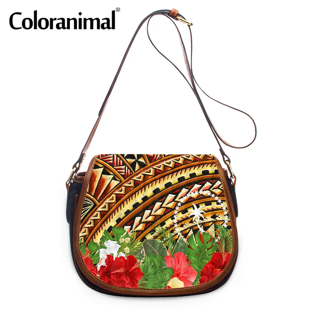 

Coloranimal Women 2021 New PU Leather Messenger Bag Chuuk Vintage Pattern With Hibiscus Flower Printing Ladies Crossbody Bag