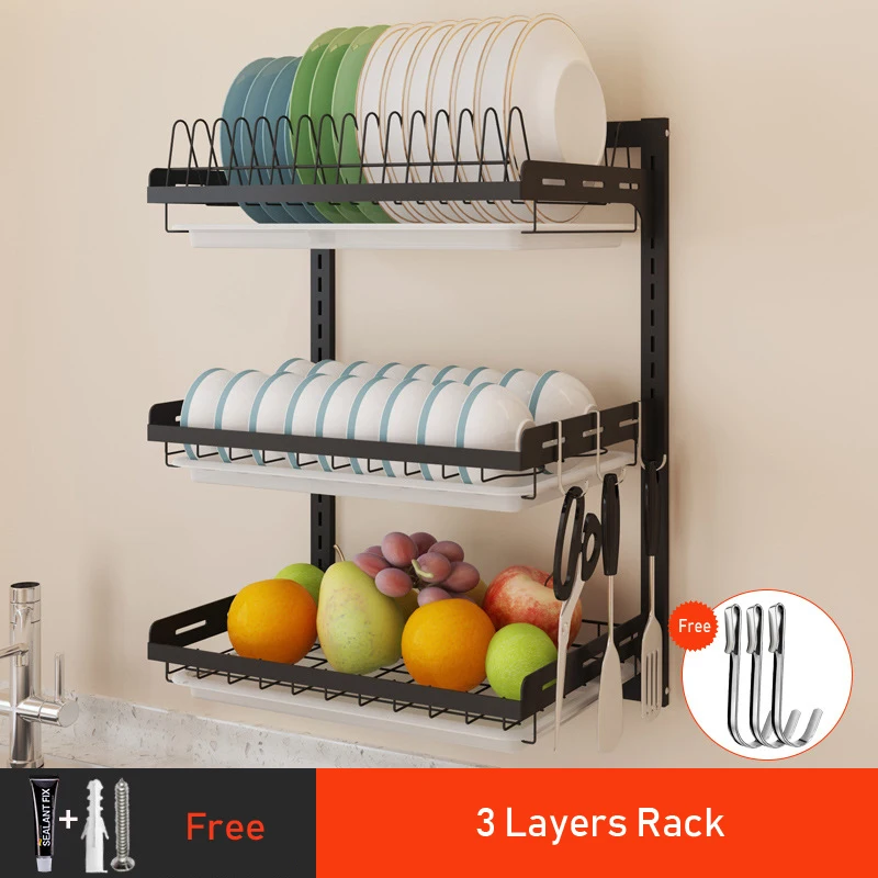 3 Layers A Беспробиваемая кухонная стойка DIY настенная подвесная черная тарелка из нержавеющей стали чаша-держатель нож вилка стеллаж для хранения Органайзер инструмент 08175 - Цвет: 3 Layers A