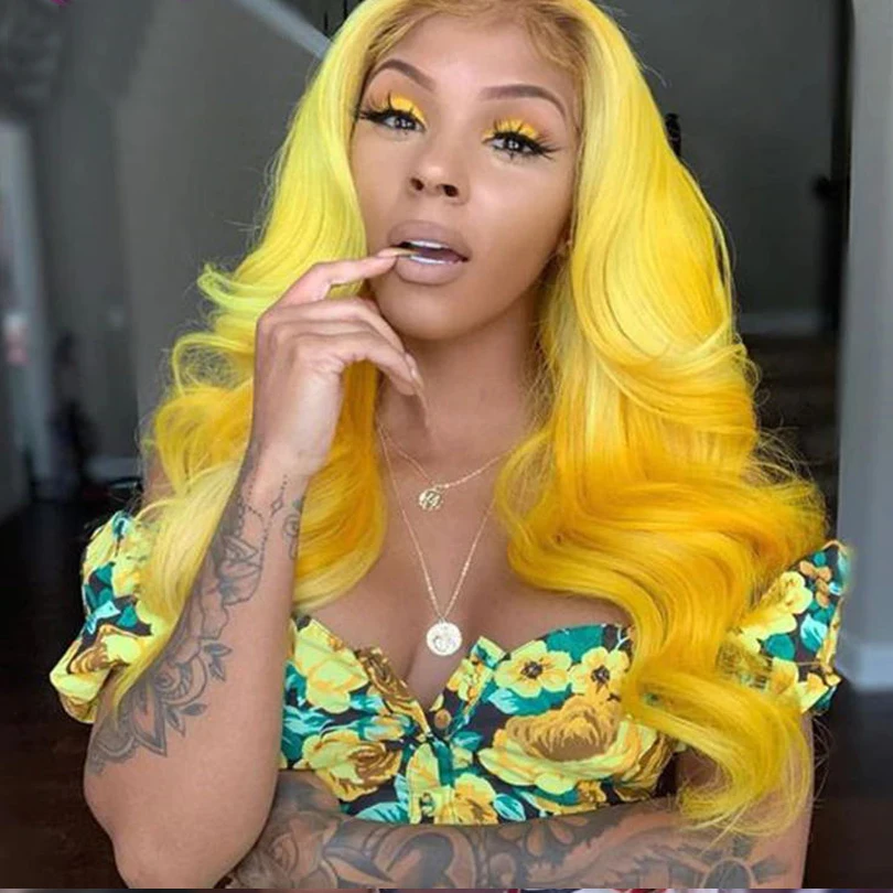 

Yellow Long Natural Wavy Wig 13x4 Front Lace Synthetic Wigs Body Wave for White Black Women Yellow Daily Hair High Density