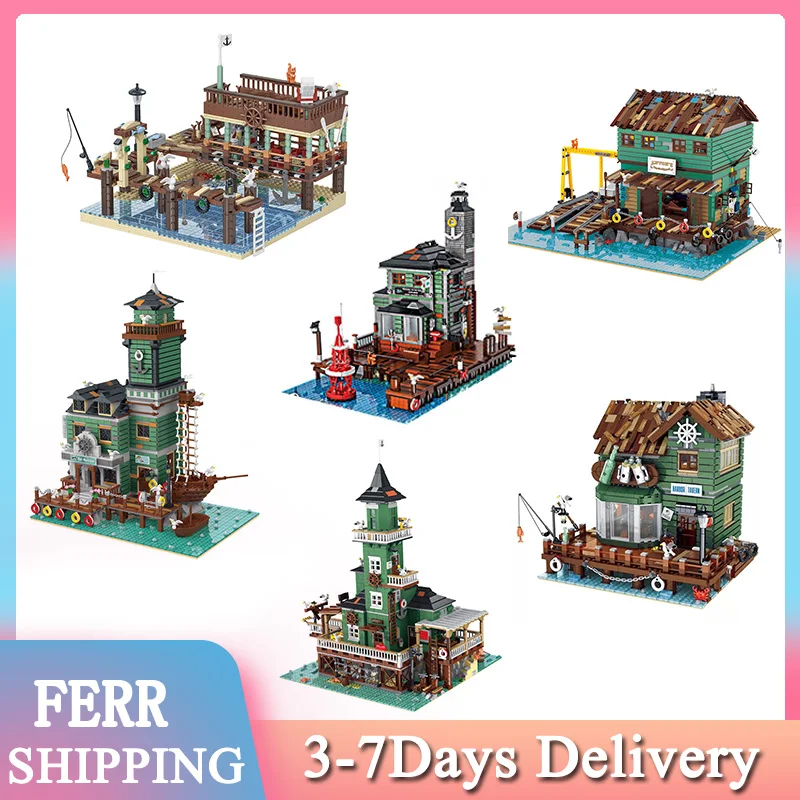 Рыболовный домик Пирс рыбалка лодка кафе причал капитан строительный блок