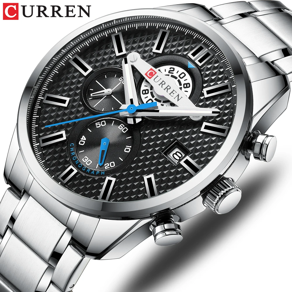 

Часы наручные CURREN Мужские кварцевые, модные спортивные стальные, с хронографом и сетчатым браслетом