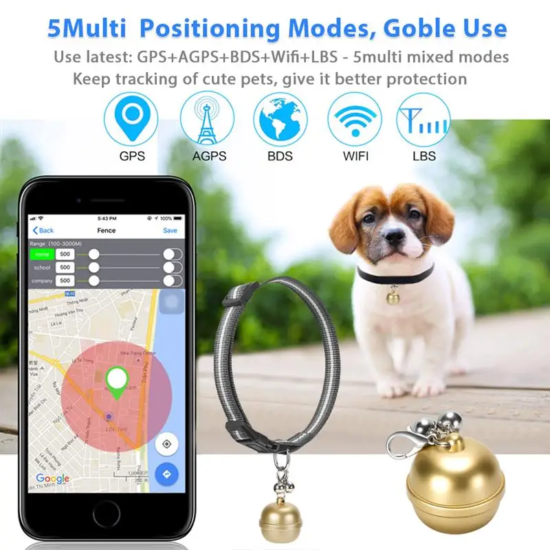 

Pet Electric Locating Bell GPS Tracker Mini Anti-Lost Waterproof Locator GSM BD LBS Wifi Real-time Tracking For Pet Dog Cat Kids