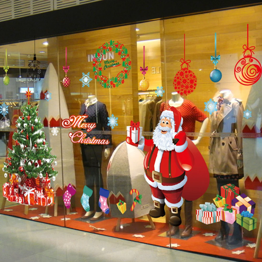 

4pcs Christmas Window Stickers Santa Claus Xmas Tree Decoration Removable Reusable PVC Static Decals DIY Home Window Stickers