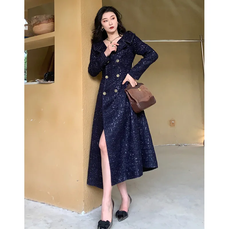 

French Tweed Woven Notched Collar Long-Sleeved Double-Breasted Knee-Length Windbreaker Lady Temperament High-End 2021 Fall Coat