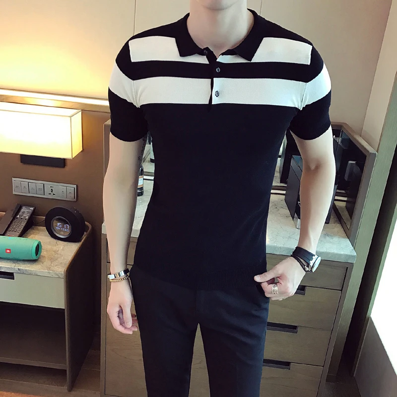 

2021 British Knitted Ice Silk Slim Short-sleeved POLO Shirt Men's Business Casual Polo Shirts Summer Lapel Street Wear Clothes