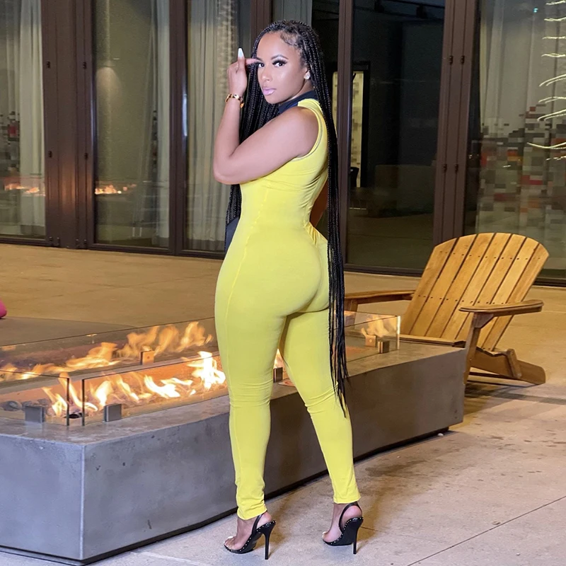 

CIBBAR Skinny Patchwork Women's Jumpsuit Sleeveless Casual Fashion Active Workout Overalls Sexy Bodycon New Sportwear One Piece