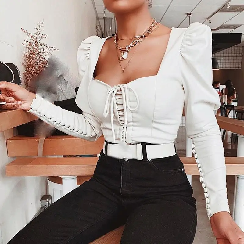 Женская Осенняя мода шикарная кружевная Элегантная блузка с буфами на рукавах