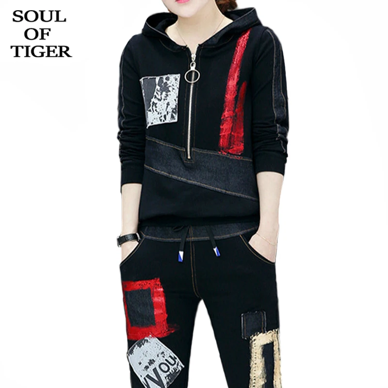 SOUL OF TIGER, корейская мода, наряды, женские топы с капюшоном и джинсовые штаны, женские черные комплекты из двух предметов, спортивные костюмы с принтом для фитнеса