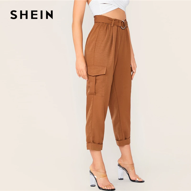 SHEIN/коричневые штаны с О-образным кольцом и поясом, с клапаном, с боковым откатом на подоле, для женщин, Осенние однотонные повседневные женские укороченные брюки с эластичной резинкой на талии