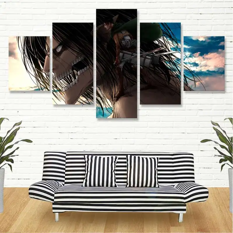 

Attack on Titan Eren and Levi Wall Art Painting 5 Panels Canvas Print Art Wall Decor Anime Paintings Livingroom Home Decoration