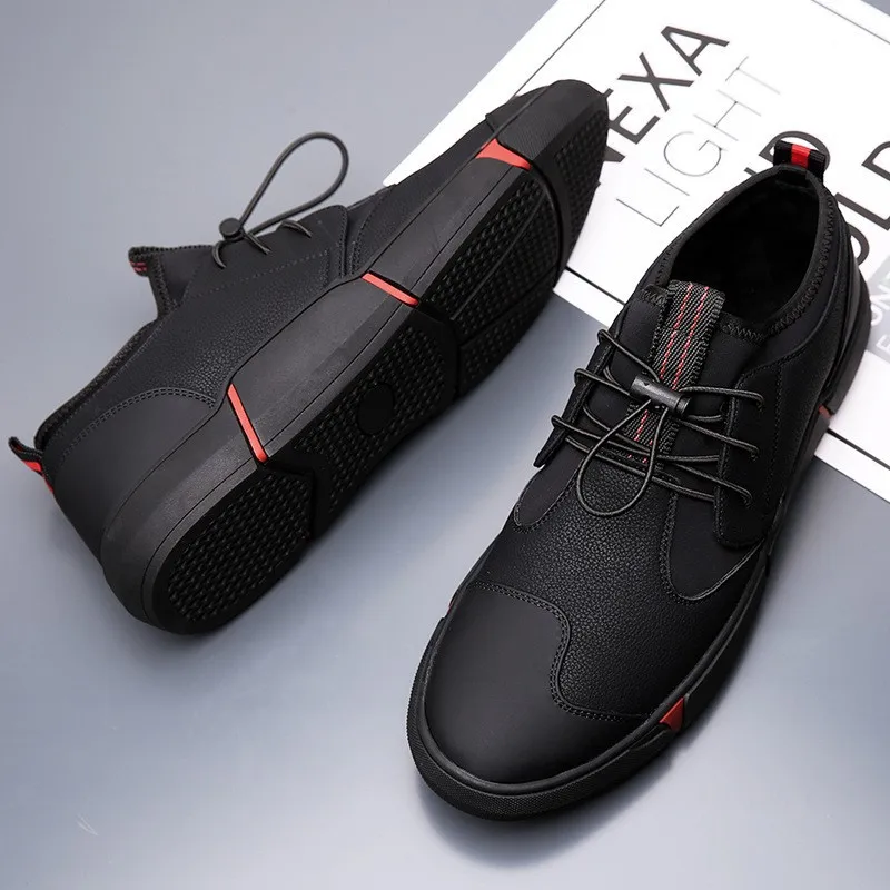 

Brand High quality all Black Men's leather casual shoes Fashion Sneakers winter keep warm with fur flats big size 45