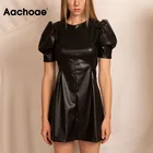 Платье Aachoae женское из искусственной кожи, пикантное Клубное облегающее мини-платье, черное плиссированное платье с пышными короткими рукавами и круглым вырезом, туника