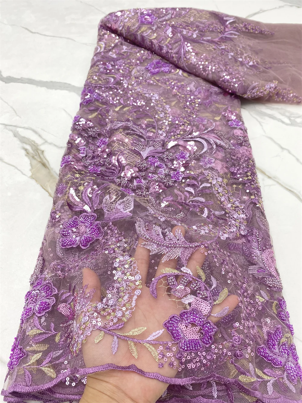 

Фиолетовая вышивка, нигерийская Тяжелая кружевная ткань ручной работы из бисера, французская блестящая ткань 2021, Высококачественная африк...