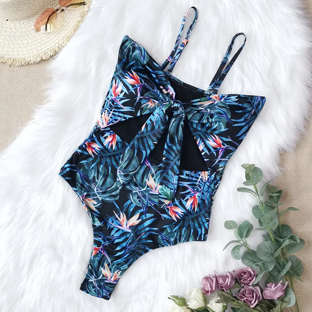 

2021 new female swimsuit one-piece triangle bikini sling print European and American swimwear female beach hot spring swimwear