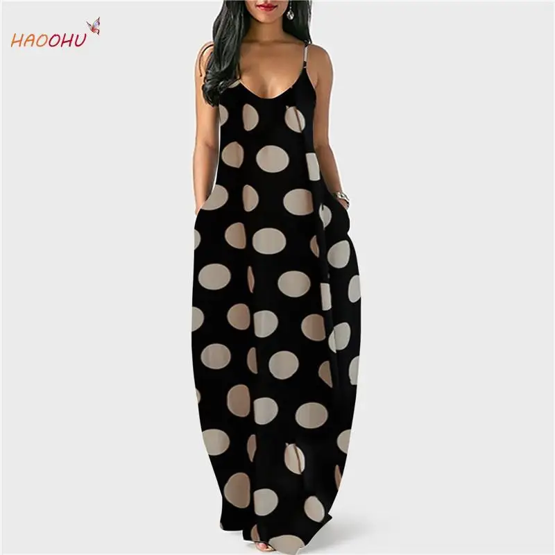 

HAOOHU 2021 Urban Casual Beach S-5XL Size Women's Clothing Summer Printing Polka Dot Deep V-Neck Strap Sling Floor-Length Dress