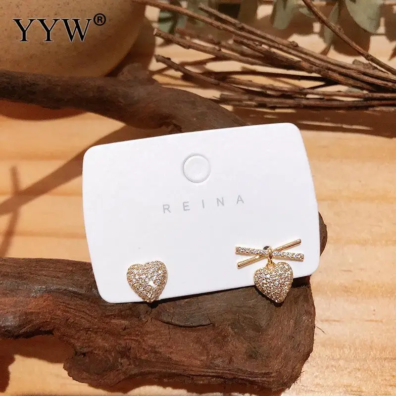 

2pairs/Lot Micro-Inlaid Zircon Heart Earrings Cute Small Fresh Earrings Asymmetric Cross Love Metal Wind Earrings For Female