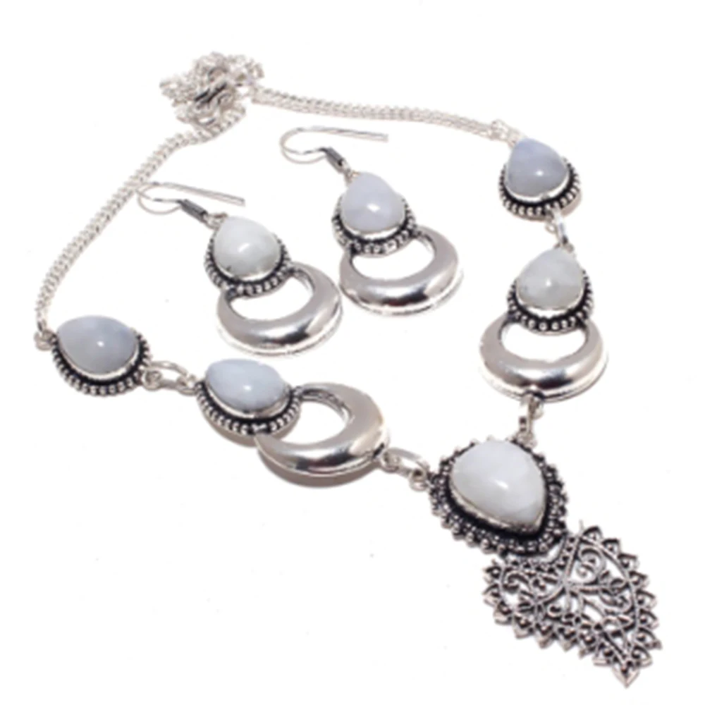 

Rainbow Moonstone Necklace + Earings Silver Overlay over Copper, 51.5 cm , N4225