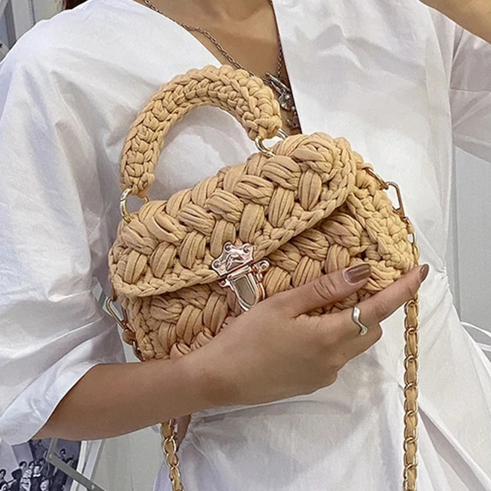 Fashion Rope Knitting Women Handbag Designer Chains Woven Shoulder Crossbody Bags for Women 2021 Small Square Flap Lady Purses