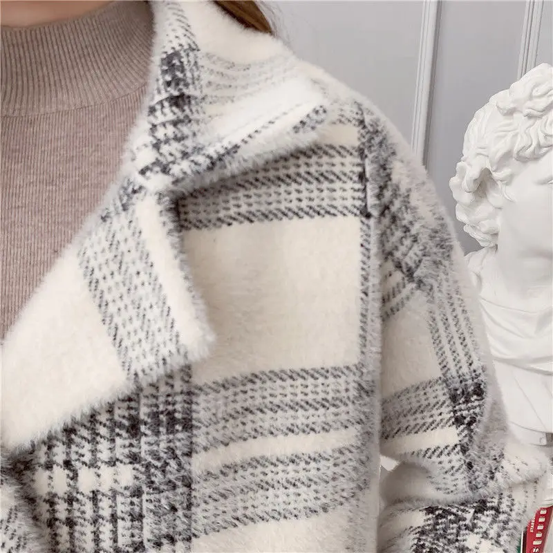 Женский свободный вязаный свитер повседневный плотный теплый кардиган в клетку