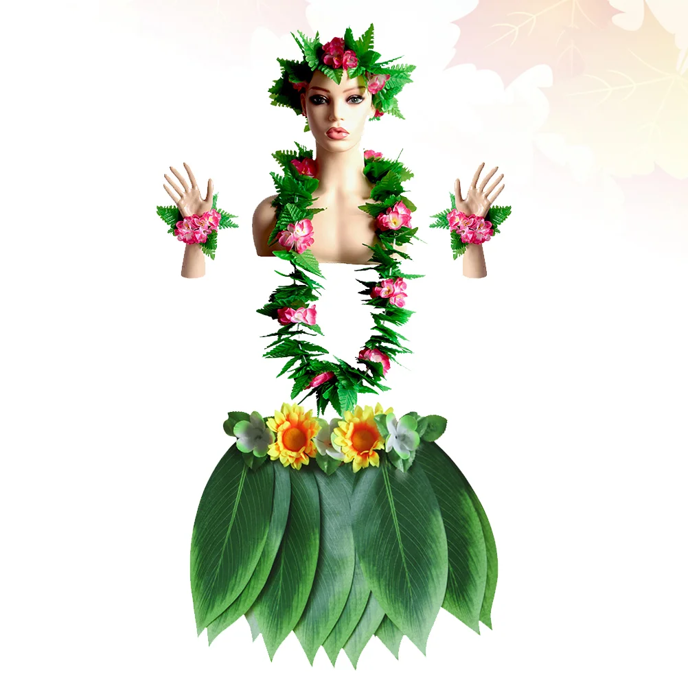

5pcs Sunflower Green Leaf Skirt Decorative Leaf Skirt Party Costume Hawaii Garland Wristband Headdess (Rosy, Kids Style,