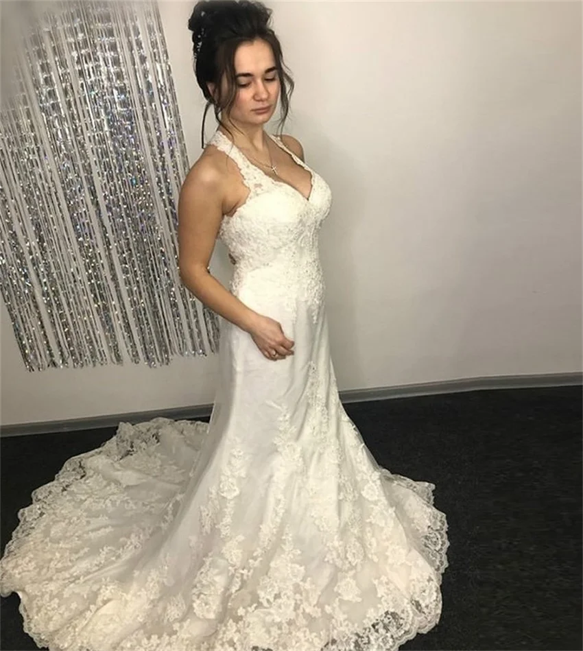 

2020 Mermaid Wedding Dresses Halter Neck Appliques Backless Sleeveless Wedding Gowns Bride Dresses robe de mariee Custom Made