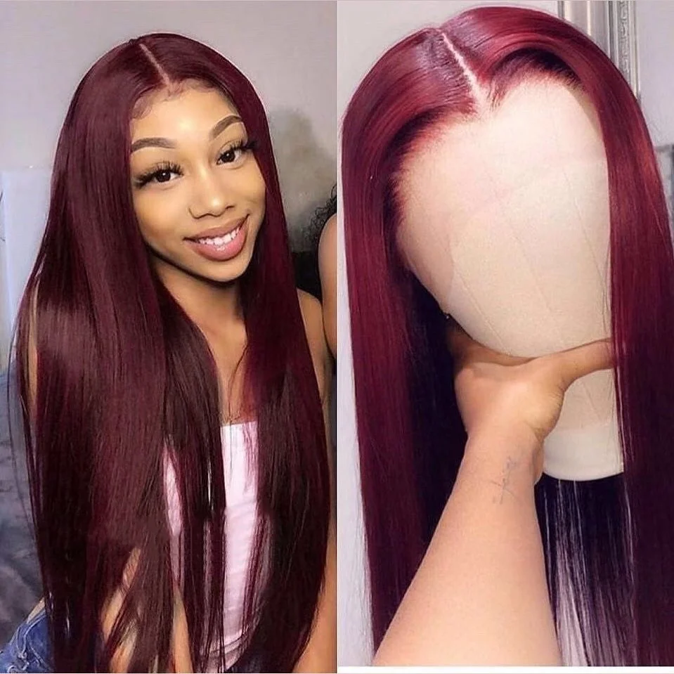 

Peruvian Straight Hair 13X4 Lace Front Wig Human Hair Wigs For Women 99J Red Burgundy Colored Pre-Plucked 180% Remy Human Hair