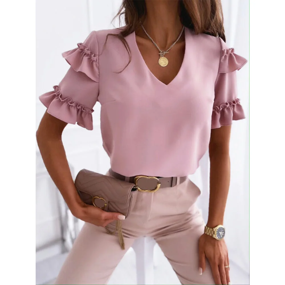 

Solid V Neck Ruffles Short Sleeve Casual Women Tshirt Summer Shirt Tops
