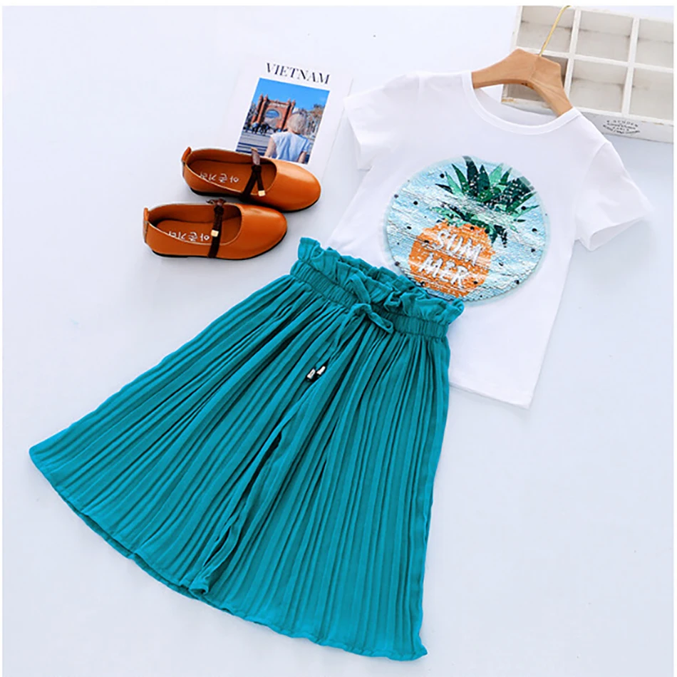 2021 Girls Summer Set T-shirt+Chiffon Pants 2 Pcs Children Clothes Children Casual Print Costume For 3-10 Years
