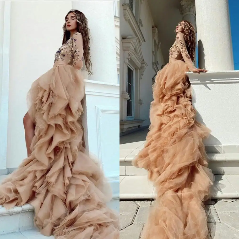 

2021 Champagne Prom Dresses with High Low Ruffles A Line Evening Dress Plus Size Long Sleeve Beaded Special Occasion Gowns
