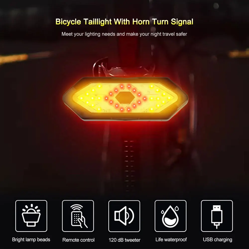 

Smart Bicycle Turn Signal Rear Light Wireless Remote Control Warning Lamp USB Rechargeable Bike Taillight with Horn Function