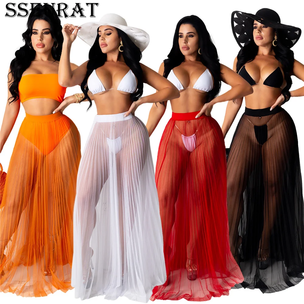 

SSEURAT Women Skirts Solid Mesh See-through Elastic Waist Pleated Long Maxi Skirts Sexy Night Clubwear Summer Streetwear 2021