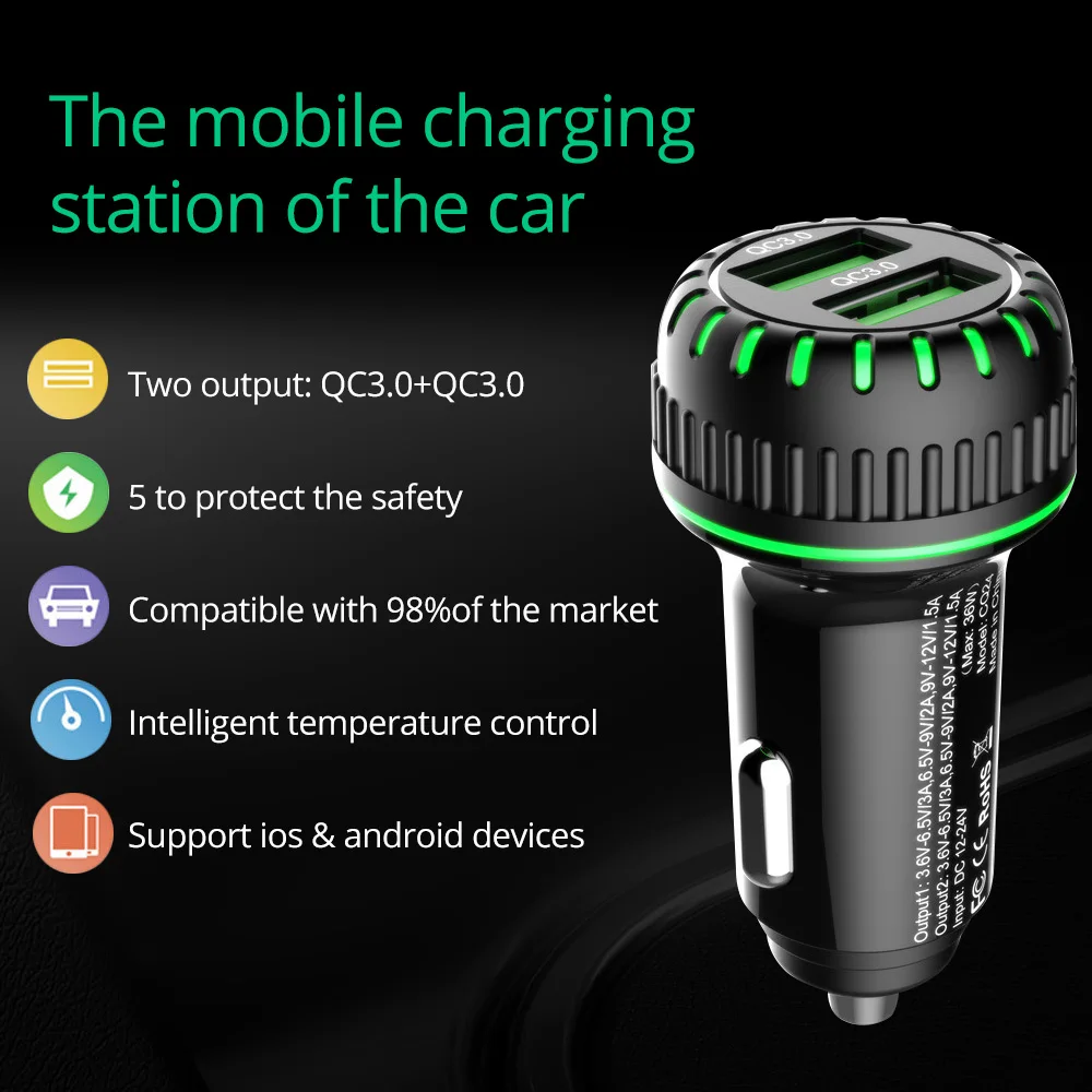 Автомобильное зарядное устройство FONKEN USB quick charge 3,0, адаптер для мобильного телефона, двойной USB, быстрая зарядка, зарядное устройство для samsung, huawei, xiaomi