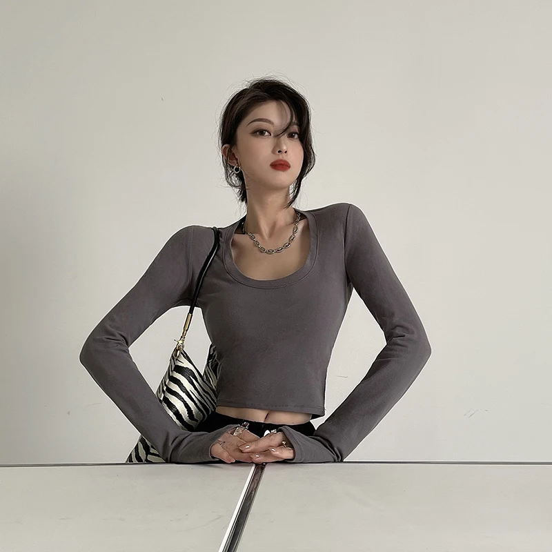 

Женские облегающие футболки с U-образным вырезом, осенняя эстетичная одежда Y2k, однотонные пикантные Топы с длинным рукавом, тонкие облегающ...