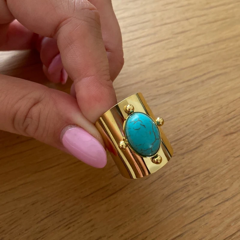

Vintage Punk Stainless Steel Gold Color Wide Rings for Women Big Natural Stone Finger Ring Jewelry Best Gift