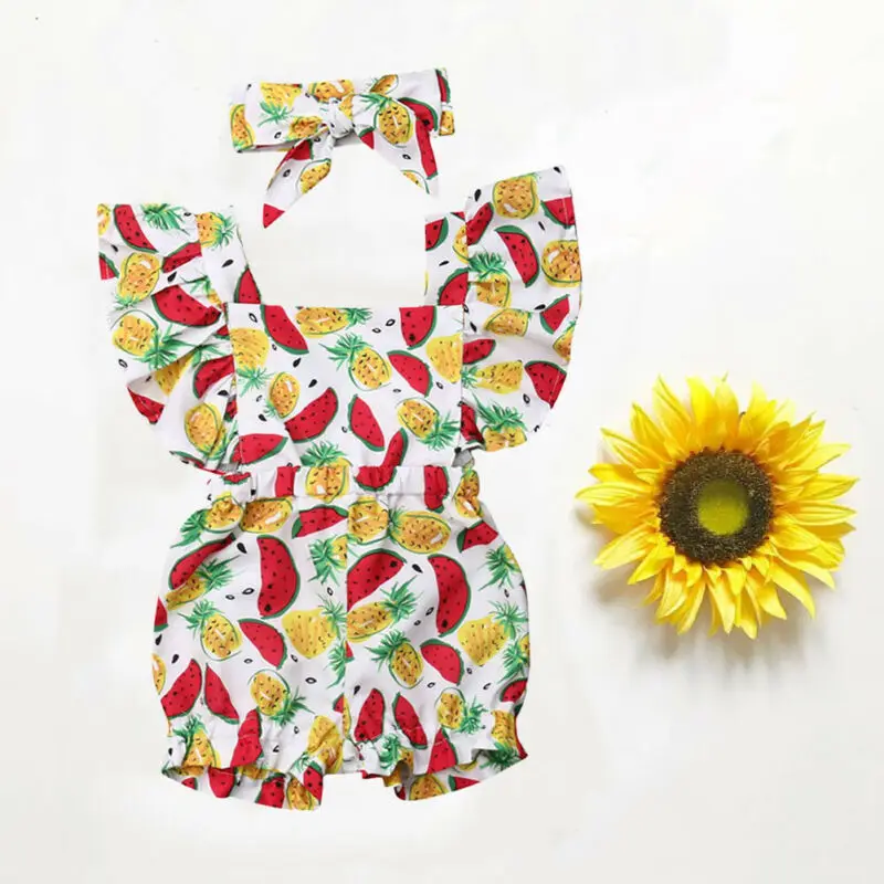 

Newborn Baby Girl Clothes Fly Sleeve Ruffle Romper Jumpsuit Headband 2PCS Outfits Set