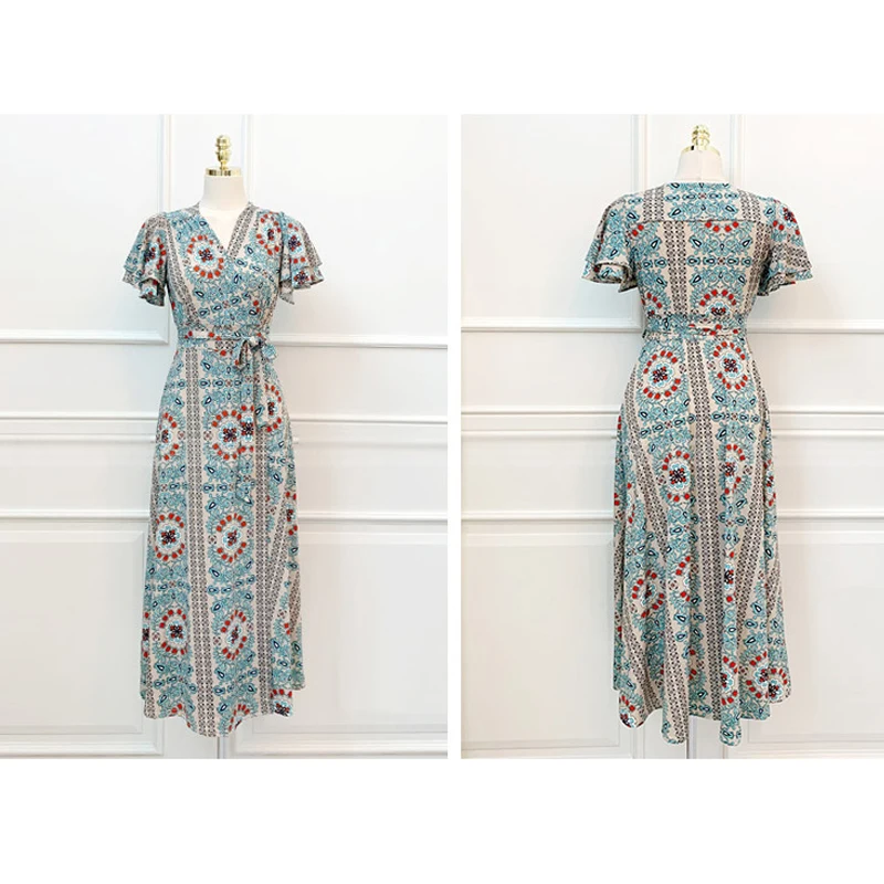 

Vintage Print Long Dress Women V-neck Lace-up Waist Bohemian Dress Party Summer Fashion Wrap Dresses Woman