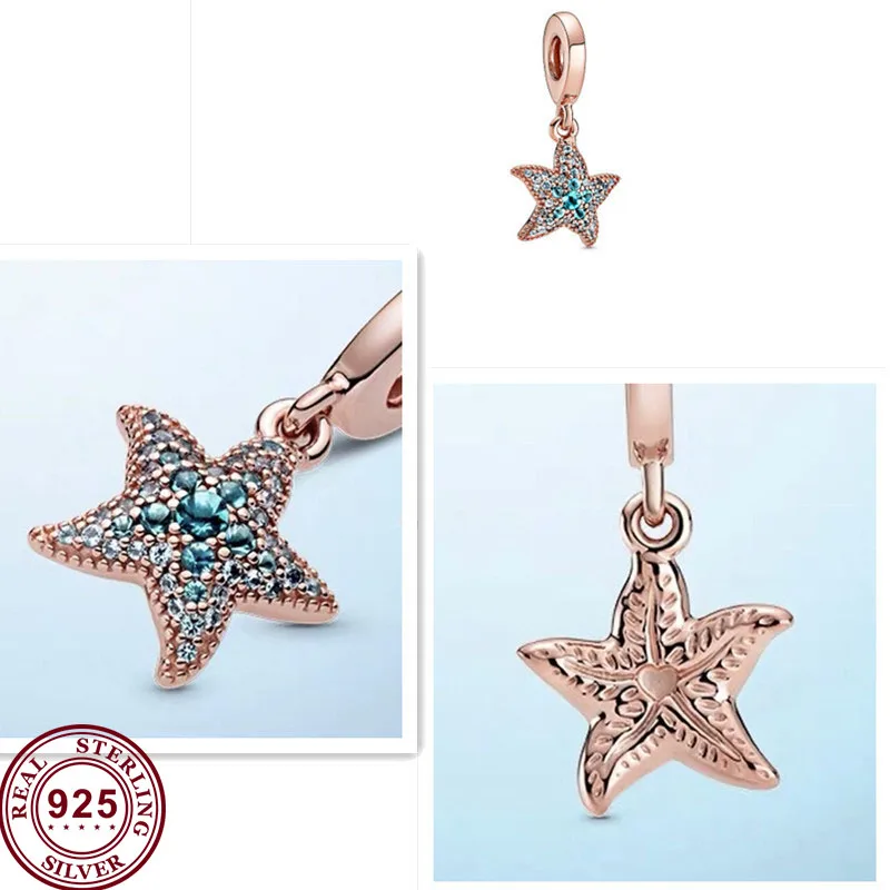

2020 New 925 Sterling Silver Charm Rose Gold Glittering Starfish Pendant Fit Pandora Women Bracelet & Necklace Diy Jewelry
